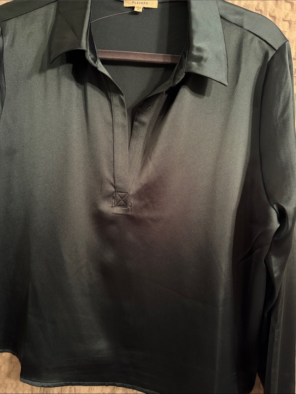 Pleione Satin Long-Sleeve Blouse in Dark Green
